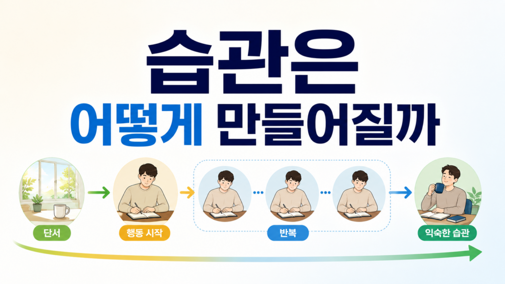 반복되는 행동이 단서와 연결되어 점차 익숙한 습관으로 형성되는 과정을 시각적으로 표현한 이미지