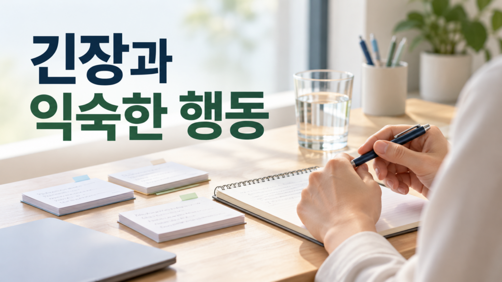 긴장되는 상황에서 익숙한 습관 행동을 찾게 되는 이유 2 발표나 면접처럼 긴장되는 상황을 상징하는 준비 공간에서 메모와 펜, 물컵 같은 물건이 정돈되어 있고 화면에 ‘긴장과 익숙한 행동’ 문구가 들어간 대표 이미지