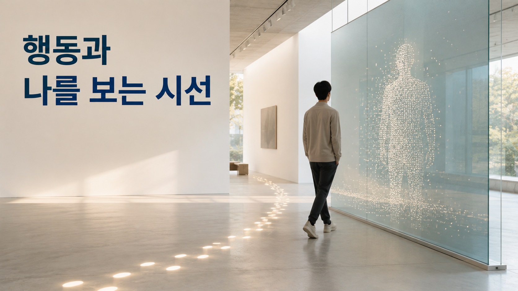 습관 형성에서 행동 목표와 자기 인식은 어떻게 다를까 2 반복된 작은 행동의 흔적이 반투명 유리에서 사람의 윤곽으로 이어지며 행동 목표와 자기 인식의 관계를 표현한 이미지