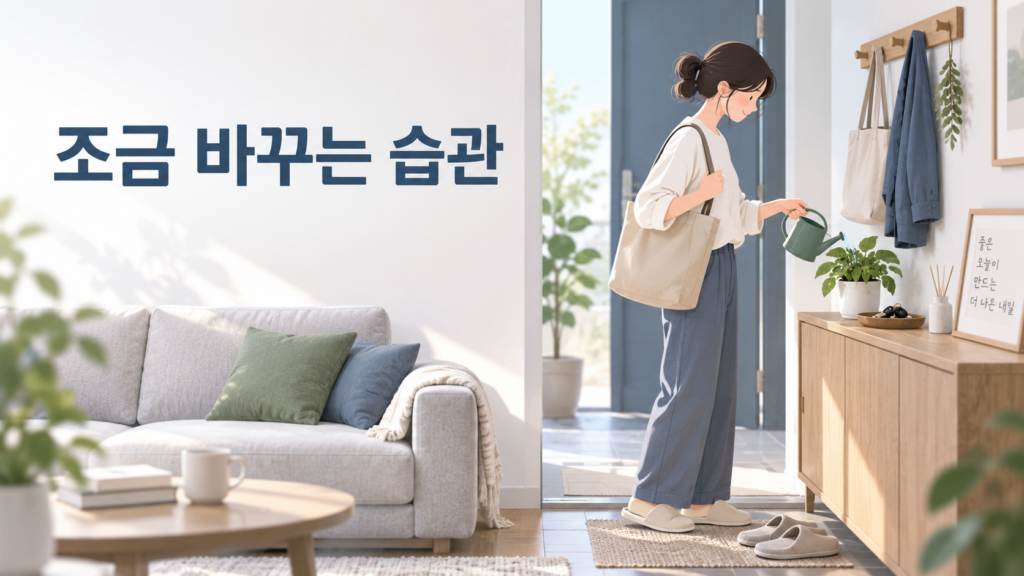습관 형성에서 기존 행동의 일부만 바꾸는 방식이 갖는 특징 2 익숙한 귀가 일과를 유지하면서 화분에 물을 주는 작은 행동을 새롭게 추가해 기존 행동의 일부만 바꾸는 습관 형성을 표현한 일러스트