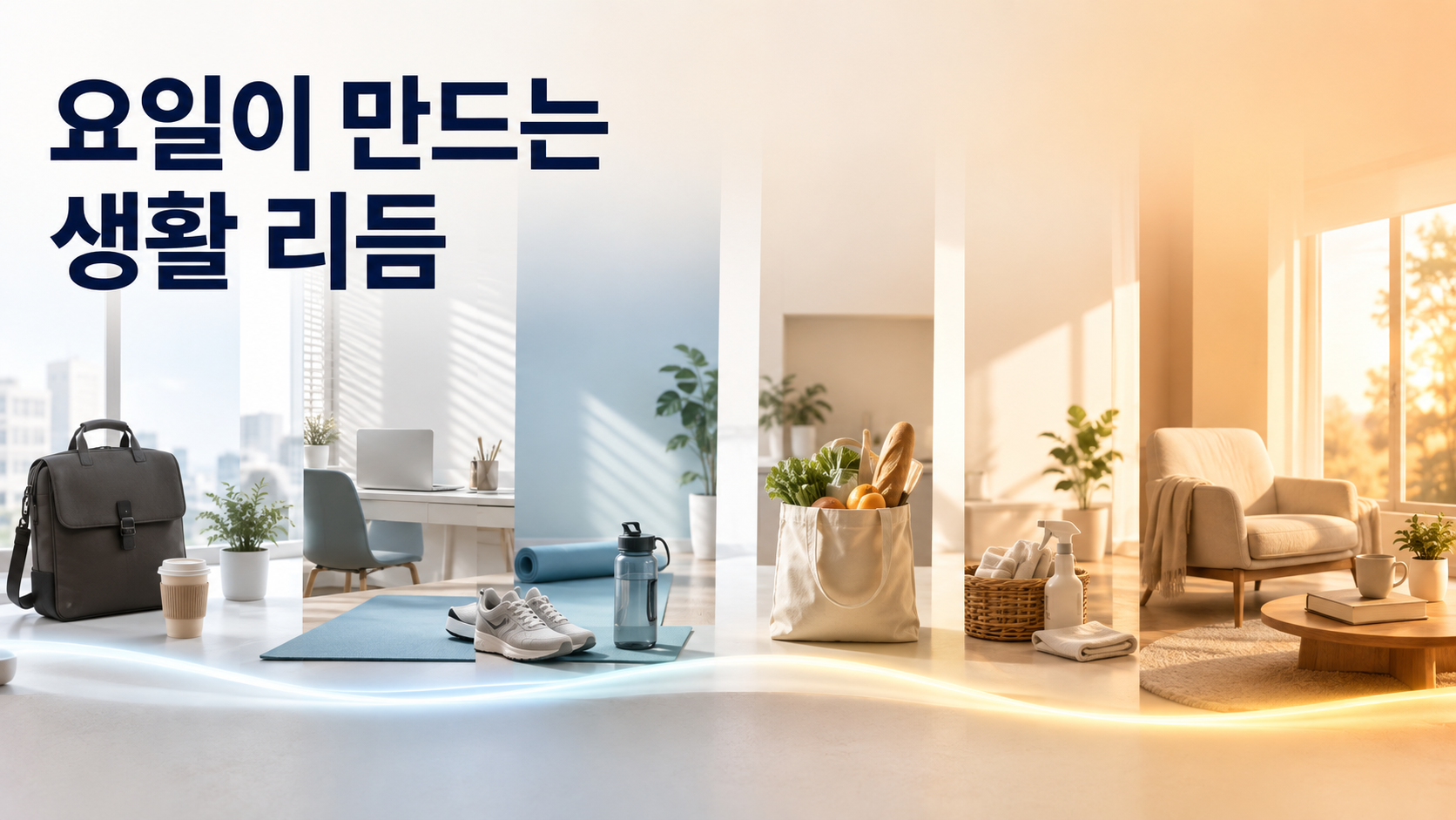 요일에 따라 반복 행동이 달라지는 생활 패턴의 특징 2 요일에 따라 출근, 운동, 장보기, 휴식 등 서로 다른 반복 행동이 이어지는 주간 생활 패턴을 표현한 이미지