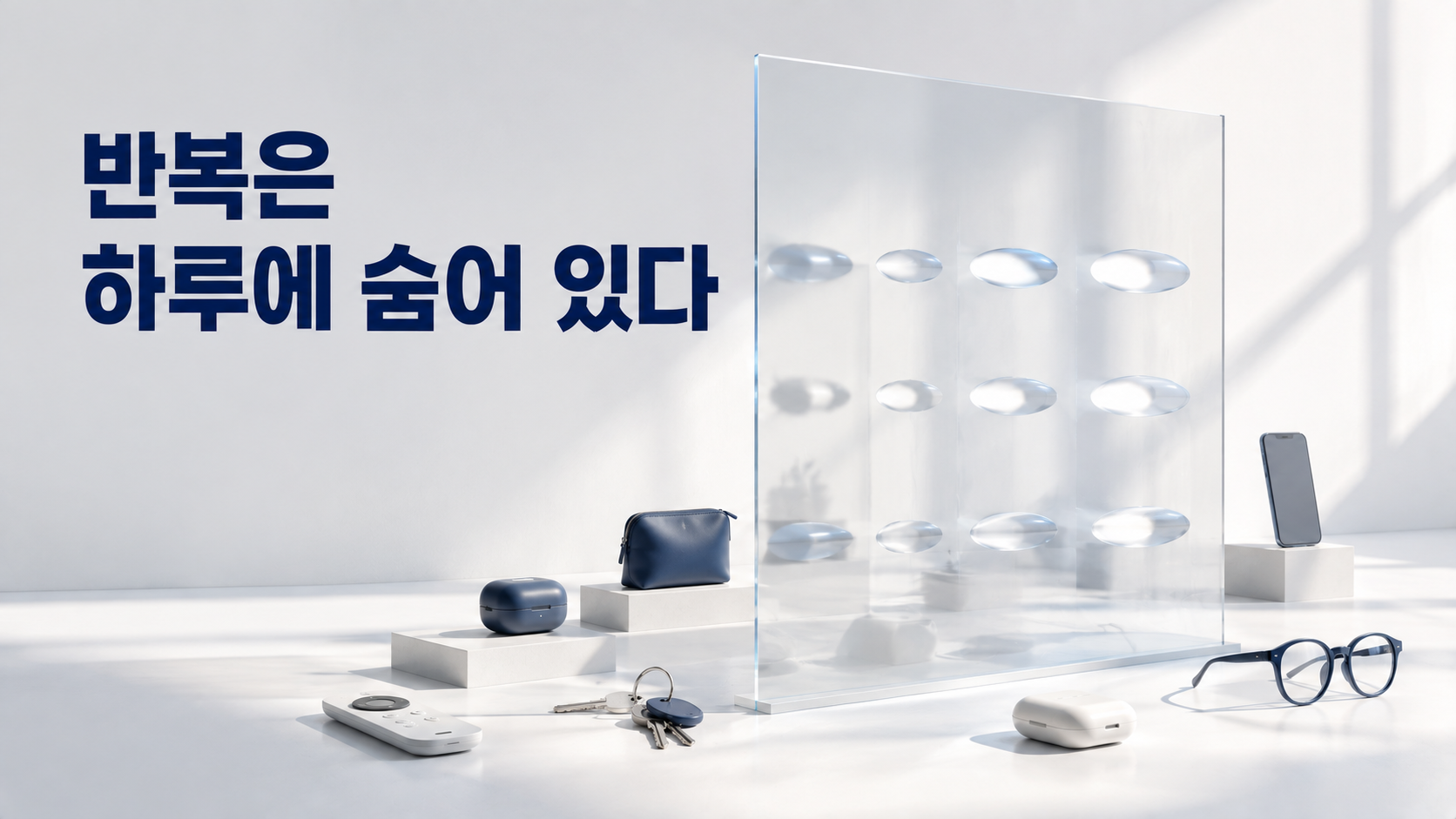 하루 동안 무의식적으로 반복하는 행동 패턴을 발견하는 방법 2 하루의 서로 다른 행동을 상징하는 생활 물건과 그 사이에서 반복적으로 나타나는 빛과 그림자 형태를 통해 숨은 행동 패턴의 발견을 표현한 이미지