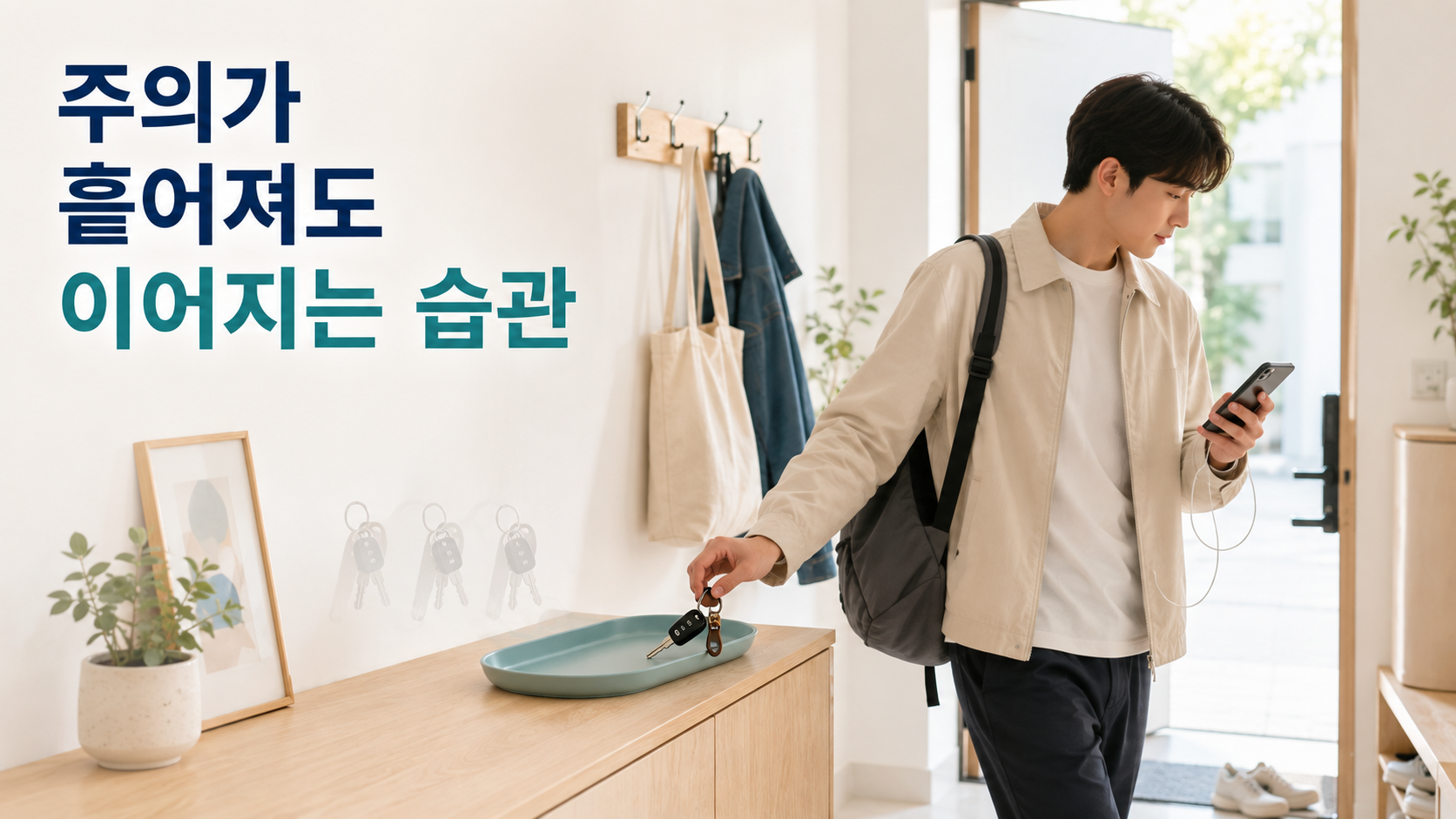 주의가 분산된 상황에서 자동적인 습관 행동이 나타나기 쉬운 원리 2 다른 곳에 주의를 기울이면서도 현관의 익숙한 위치에 자연스럽게 열쇠를 놓는 습관 행동을 표현한 이미지