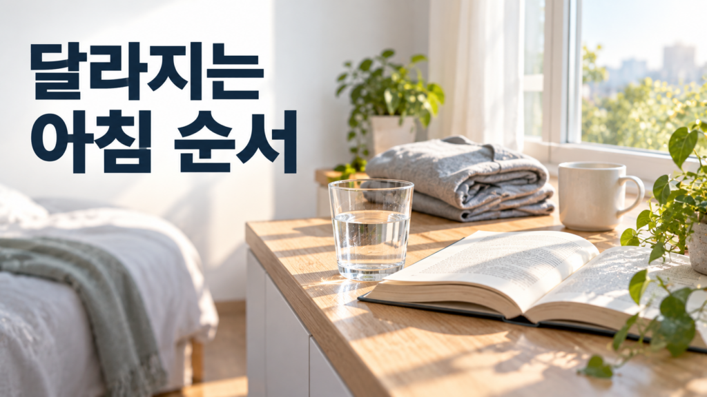 예상보다 일찍 하루를 시작하면 평소 습관 순서가 달라지는 이유 2 이른 아침 햇살이 들어오는 실내에서 물컵, 책, 옷, 머그컵이 차분하게 배치되어 아침 습관의 순서 변화 가능성을 보여주는 이미지