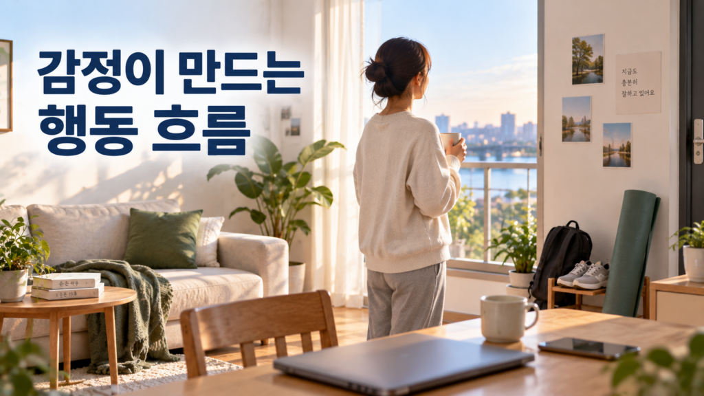 감정과 행동의 연결을 기록하며 살펴보는 습관 형성 패턴 2 차분한 실내에서 한 인물 주변의 여러 생활 행동 흔적을 통해 감정과 행동의 반복 연결을 표현한 이미지