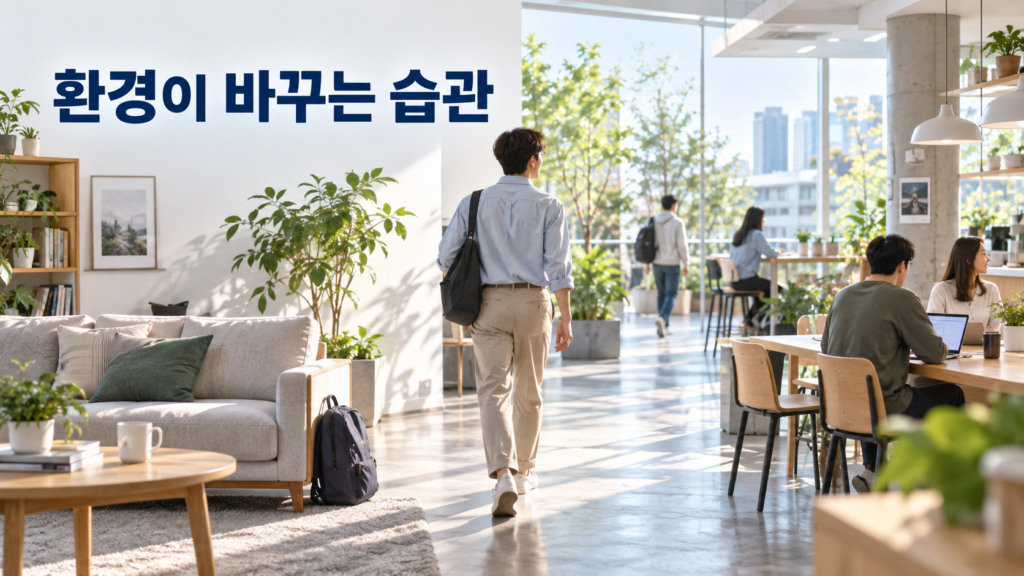 생활환경이 바뀌면서 인간관계와 습관 행동도 함께 달라지는 과정 2 생활환경과 주변 사람들이 달라지는 공간을 따라 한 사람이 이동하며 새로운 행동 흐름을 만들어가는 모습을 표현한 이미지