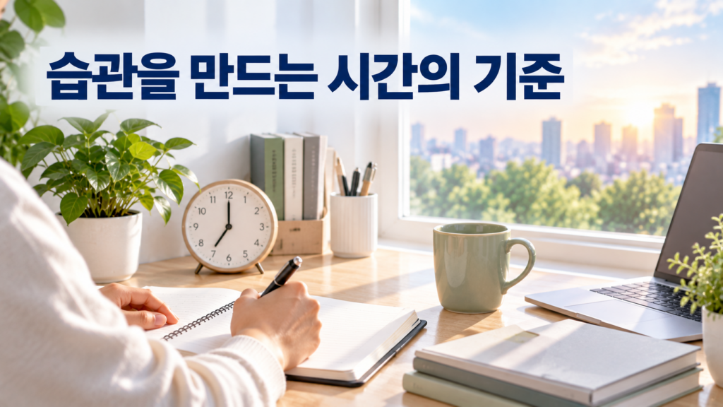 습관 형성에서 행동 시간을 정확히 정하는 것과 시간 범위를 정하는 것의 차이 2 정확한 시각을 보여주는 시계와 넓은 시간대의 자연광을 한 생활 공간 안에 배치해 습관 형성에서 정확한 시간과 시간 범위의 차이를 표현한 이미지