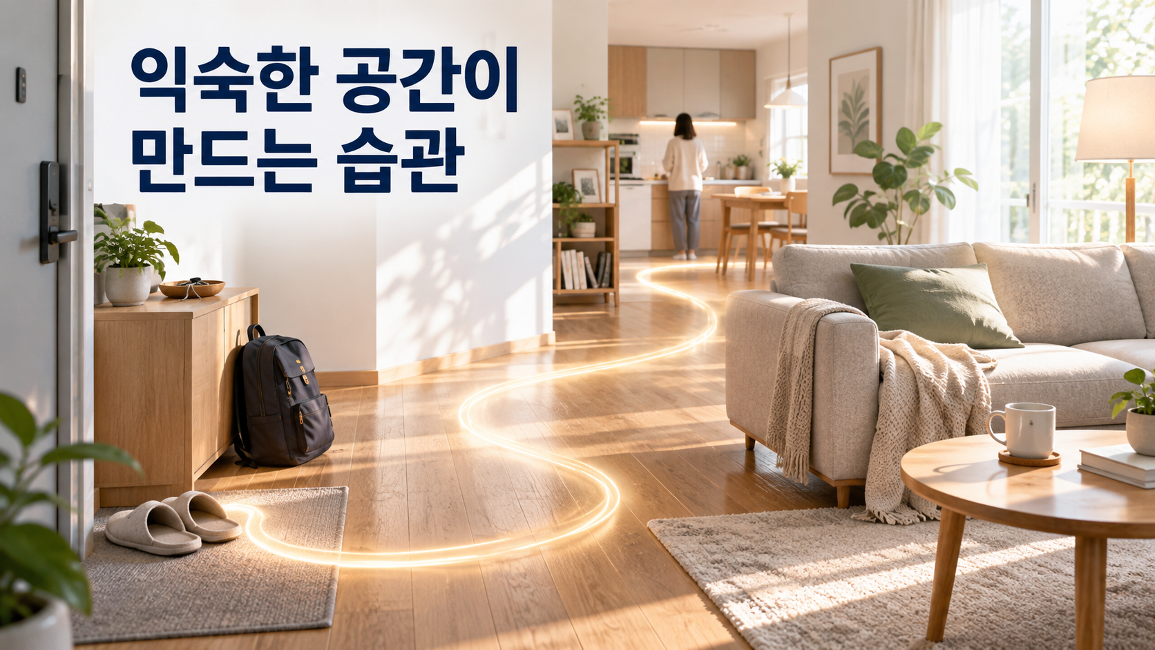 습관 형성 과정에서 익숙한 공간이 행동 패턴에 영향을 주는 이유 2 익숙한 생활 공간의 물건 배치와 반복된 이동의 흔적을 통해 공간과 습관 형성의 관계를 표현한 이미지