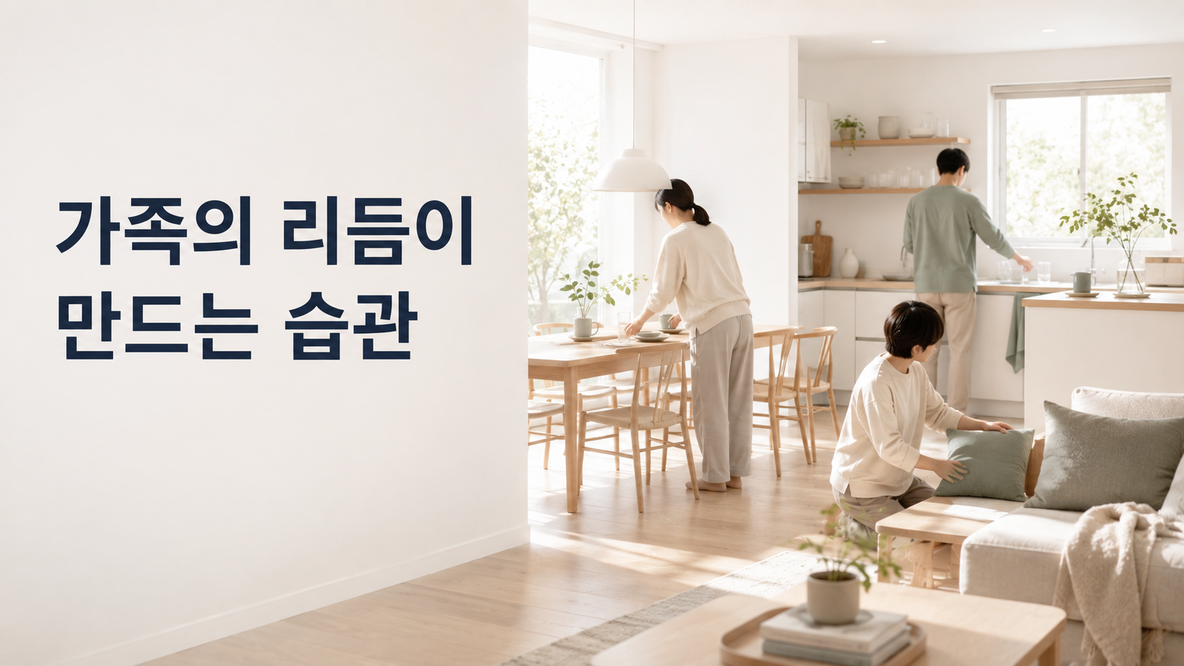 가족의 생활 패턴이 개인의 습관 형성과 습관 행동으로 연결되는 과정 2 한 가족의 여러 구성원이 같은 생활 공간에서 서로 다른 일상 행동을 자연스럽게 이어 가는 모습으로 가족의 생활 패턴과 개인 습관의 관계를 표현한 이미지
