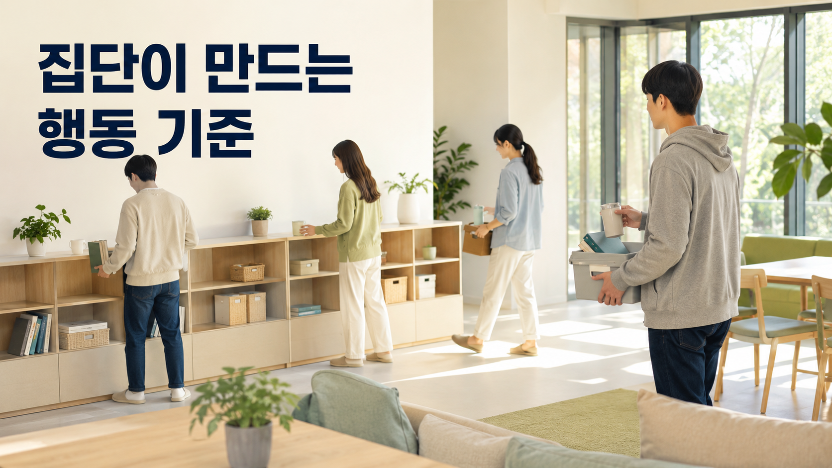 소속된 집단의 생활 방식이 개인의 행동 기준이 되는 과정 2 공용 공간에서 여러 사람의 반복되는 정리 행동을 관찰한 한 사람이 같은 생활 방식을 자신의 행동 기준으로 참고하는 모습을 표현한 이미지