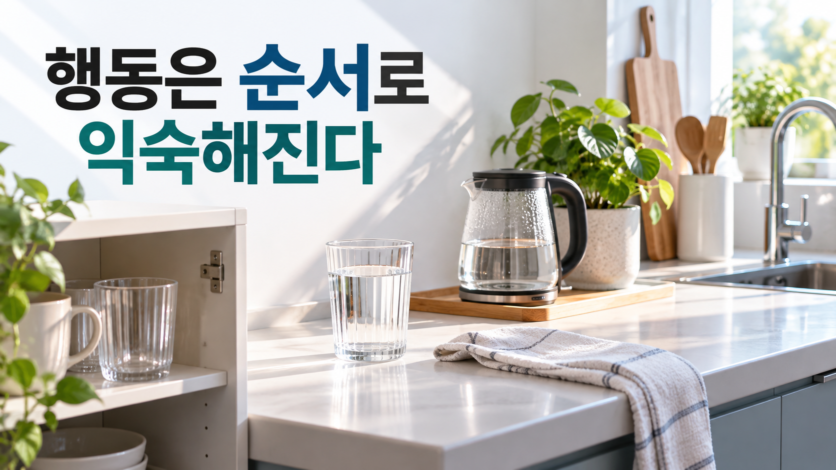 습관 형성 과정에서 행동 순서가 고정되는 이유 2 여러 생활 오브젝트의 상태와 배치가 자연스럽게 이어지며 반복을 통해 행동 순서가 익숙한 흐름으로 연결되는 과정을 표현한 이미지