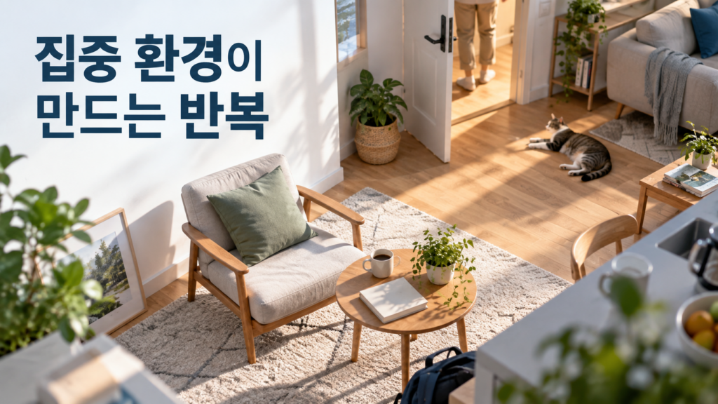 습관 형성에서 한 가지 행동에 집중하기 어려운 환경이 반복 행동에 미치는 영향 2 여러 생활 자극이 존재하는 공간에서 하나의 중심 행동 흐름이 주변 환경에 따라 분산되는 모습을 표현한 습관 형성 이미지