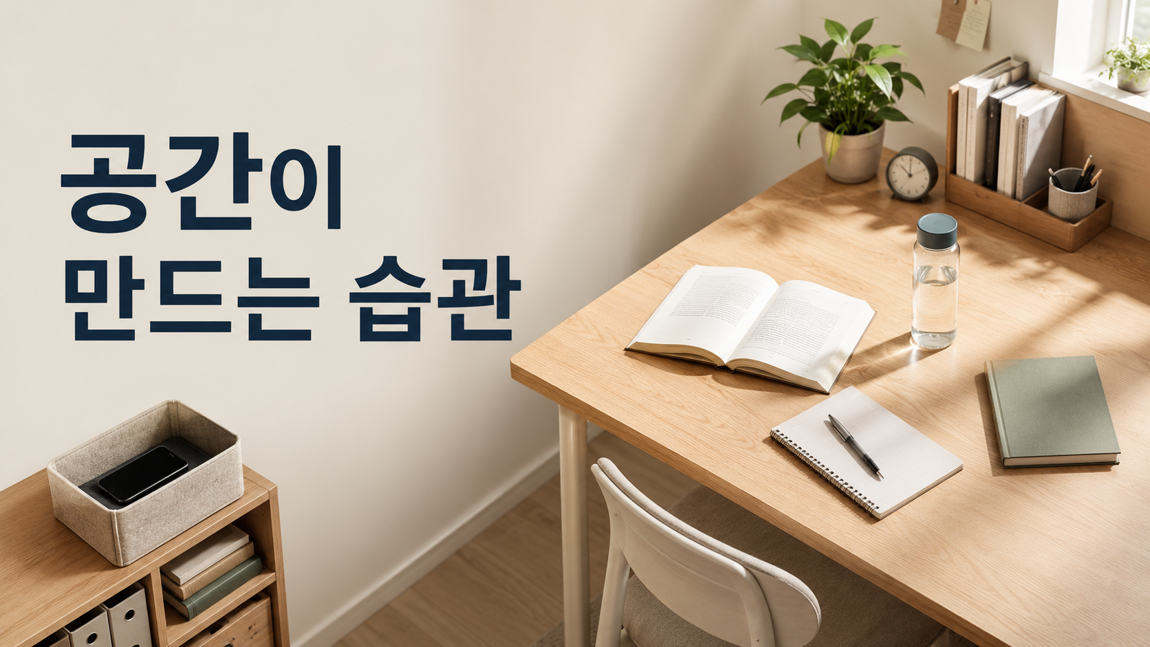 습관 형성에서 공간의 배치가 행동 선택에 영향을 주는 이유 2 책과 노트는 가까이 배치하고 스마트폰은 멀리 두어 공간 배치가 습관과 행동 선택에 미치는 영향을 표현한 작업 공간 이미지