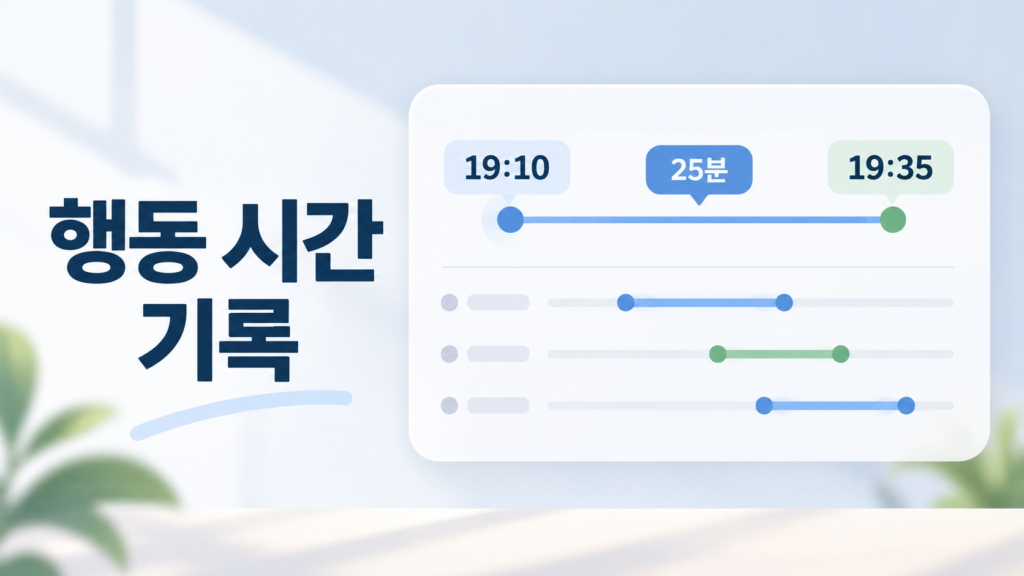 습관 형성 기록에서 행동을 시작한 시각과 끝낸 시각을 비교하면 알 수 있는 것 2 습관 형성 과정에서 행동을 시작한 시각과 끝낸 시각을 비교할 수 있도록 시간 기록 패널과 행동 지속 시간을 표현한 이미지