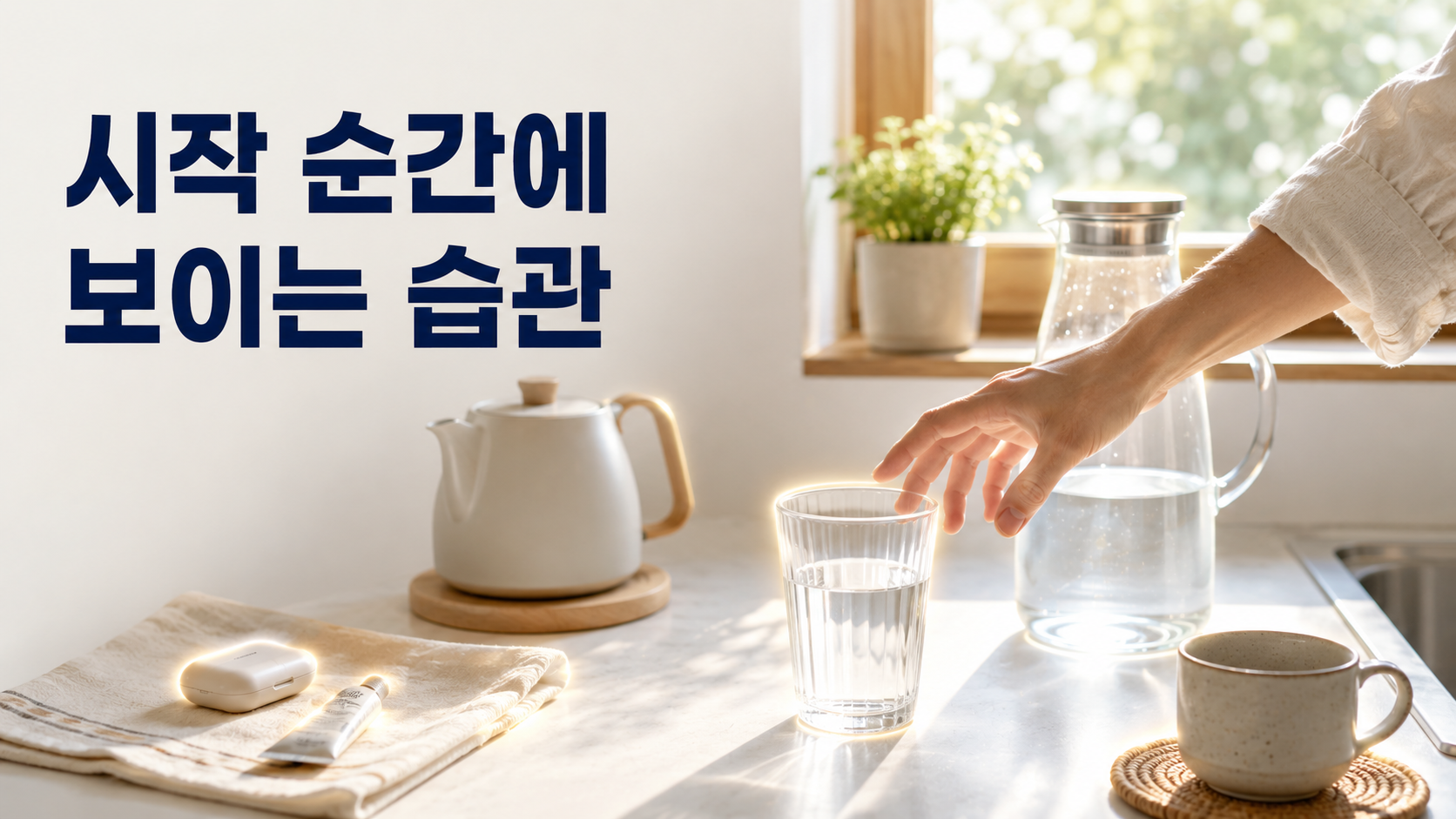 반복 행동이 시작되는 순간을 기록하면 알 수 있는 습관 형성의 구조 2 물컵을 집기 직전의 손과 주변 생활 환경을 통해 반복 행동이 시작되는 순간과 습관의 조건을 표현한 이미지