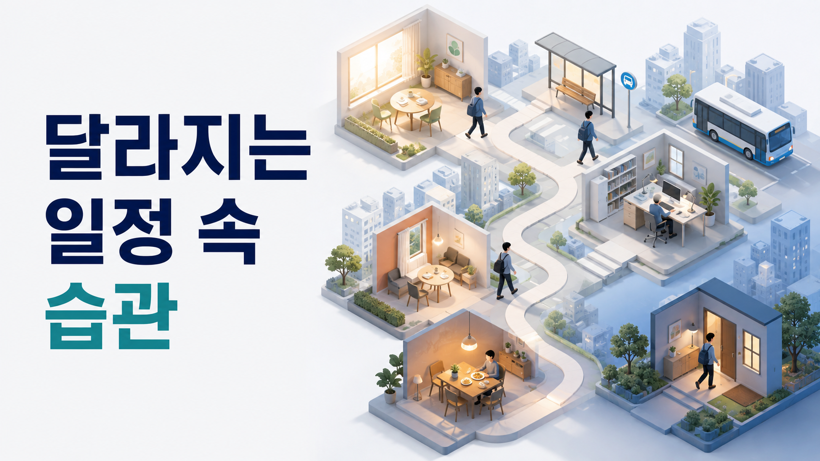 일정이 불규칙할 때 습관 형성이 어려워지는 이유 2 서로 다른 시간과 생활 공간을 불규칙하게 이동하는 동선을 통해 일정 변화가 습관의 반복 맥락에 미치는 영향을 표현한 이미지