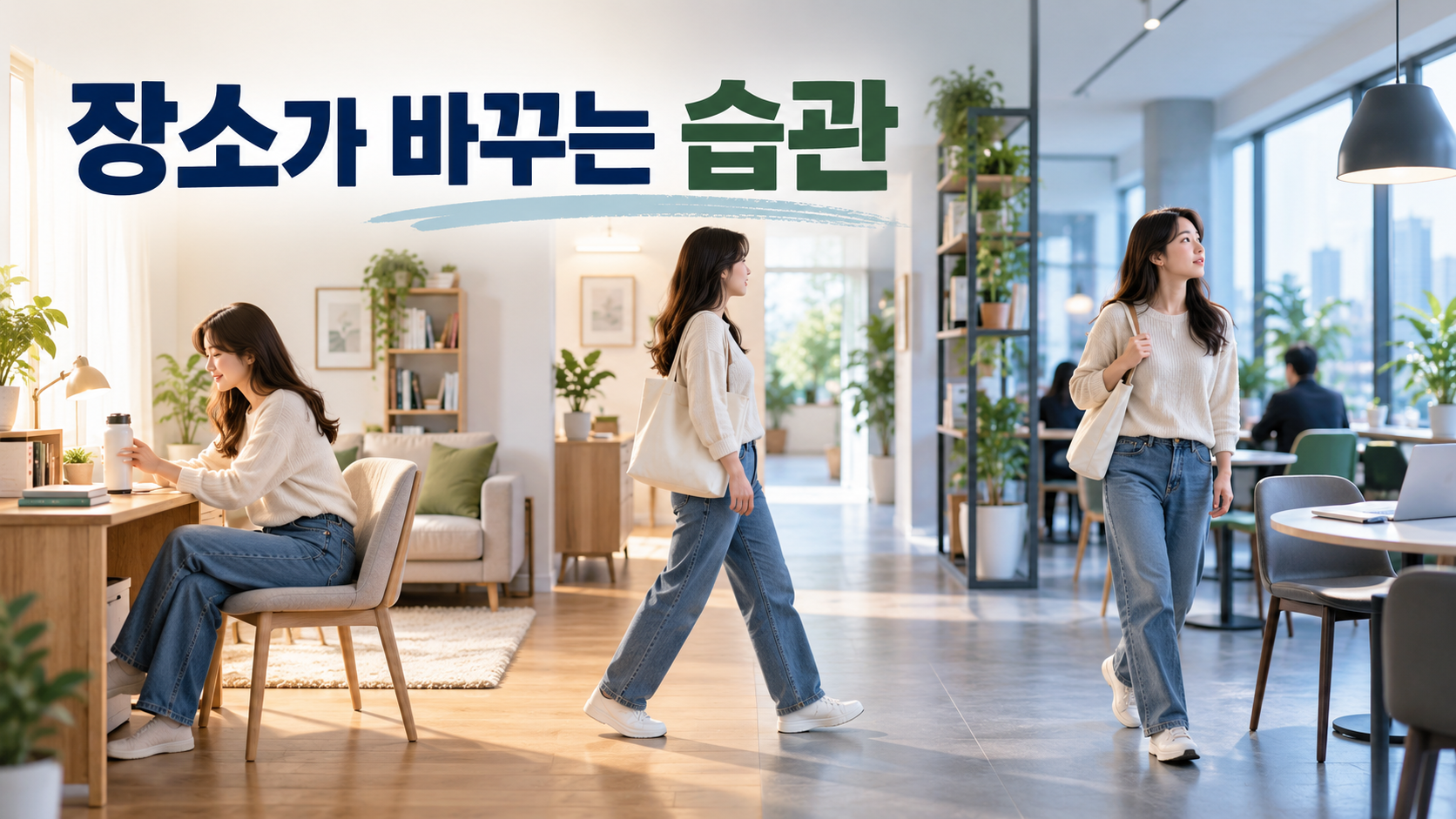 장소가 바뀌면 평소의 습관 행동이 달라질 수 있는 이유 2 익숙한 생활 공간에서 새로운 공간으로 이동하면서 주변 물건과 공간 배치의 변화에 따라 행동 흐름이 달라지는 모습을 표현한 이미지