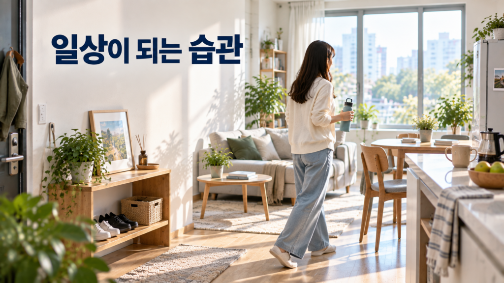 습관 형성이 단기 목표를 넘어 장기적인 행동 방식으로 이어지는 과정 2 일상적인 주거 공간에서 여러 생활 행동과 물건이 자연스러운 흐름으로 연결되며 습관이 생활 방식으로 자리 잡는 모습을 표현한 이미지