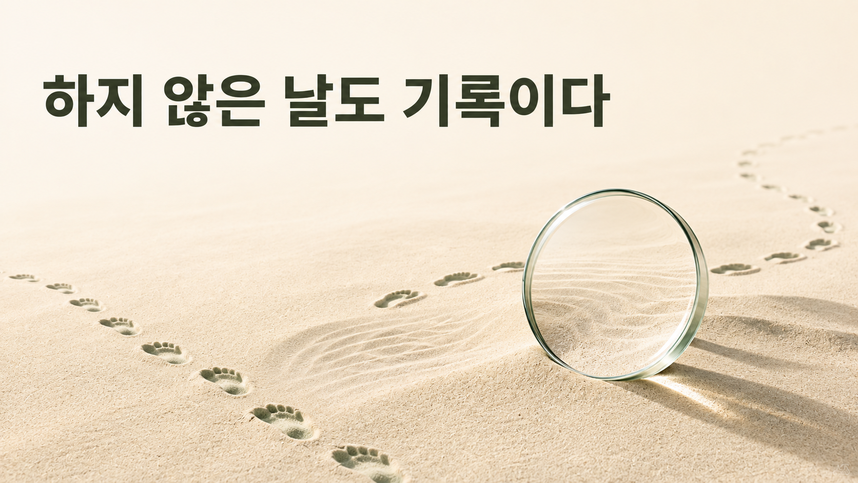 행동을 하지 못한 날의 기록도 습관 형성에 의미가 있는 이유 2 이어지던 발자국 사이의 빈 구간과 주변 모래결을 함께 관찰하는 모습으로 행동하지 않은 날도 반복 패턴을 이해하는 정보가 될 수 있음을 표현한 이미지