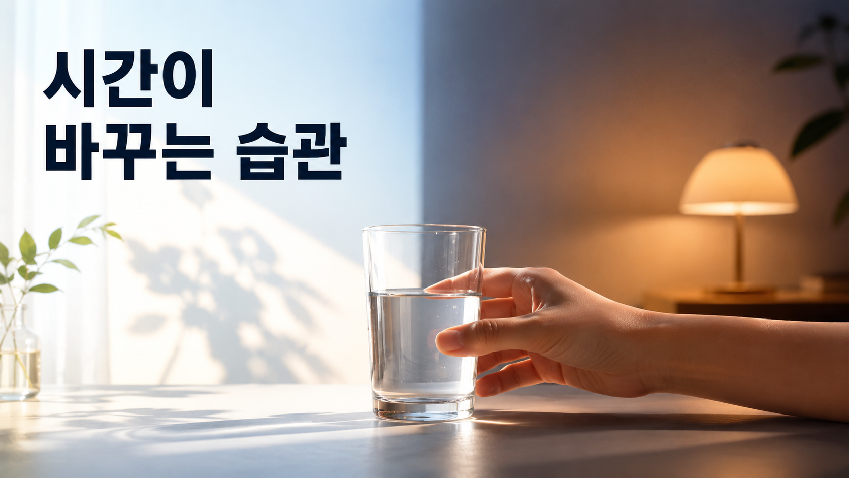 아침과 저녁에 같은 행동도 다르게 느껴지는 이유 2 같은 물 마시기 행동을 아침의 밝은 자연광과 저녁의 차분한 조명으로 대비해 시간대에 따른 습관 맥락의 차이를 표현한 이미지