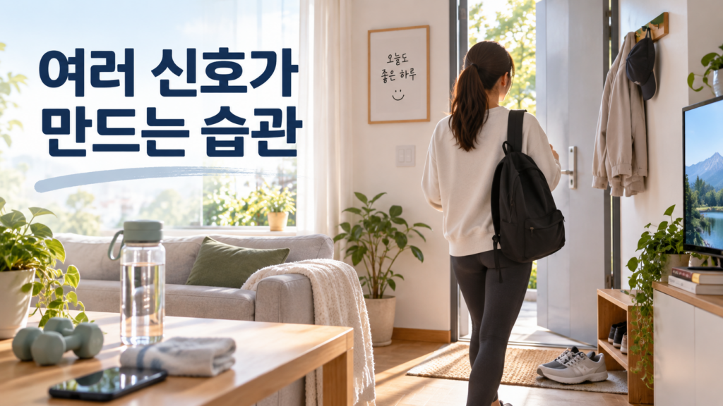 여러 행동 신호가 동시에 나타날 때 습관 형성에 생기는 변화 2 여러 생활 물건과 환경적 단서가 한 사람의 행동 방향에 영향을 주는 모습을 표현한 습관 형성 이미지