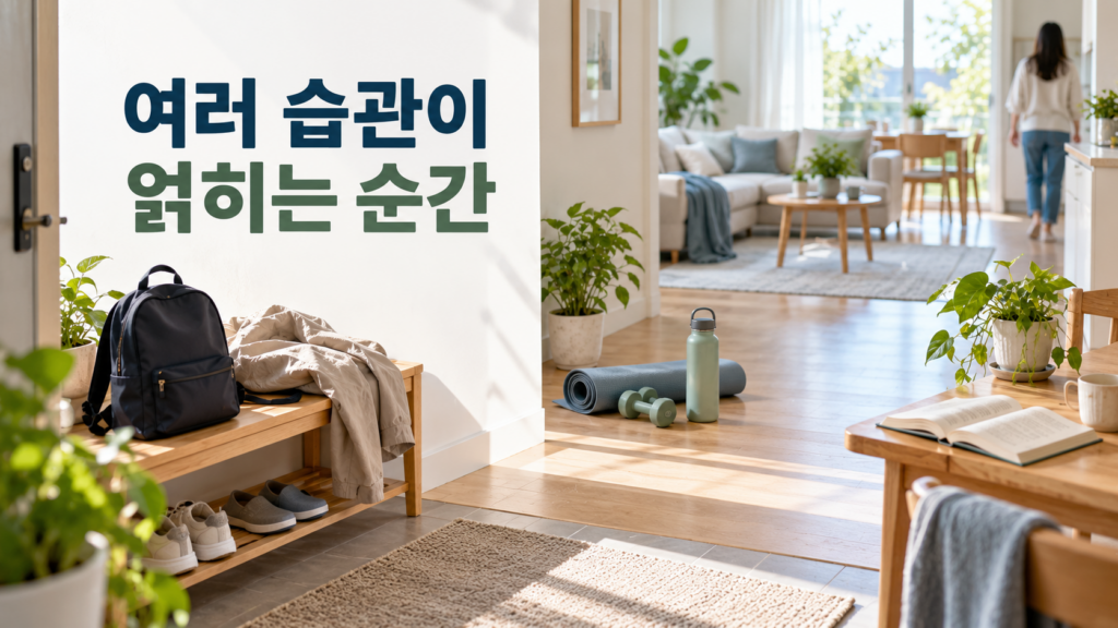 여러 습관을 한꺼번에 바꿀 때 행동 연결이 복잡해지는 이유 2 여러 습관을 동시에 바꾸면서 생활 공간 속 여러 행동과 주변 맥락의 연결이 복잡해지는 모습을 표현한 이미지