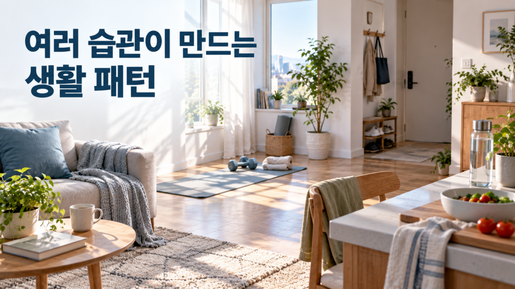 여러 습관이 모여 하나의 생활 패턴을 구성하는 원리 2 공간 곳곳에 서로 다른 반복 행동의 자연스러운 흔적이 남아 전체적으로 하나의 생활 흐름을 이루는 모습을 표현한 습관 형성 이미지