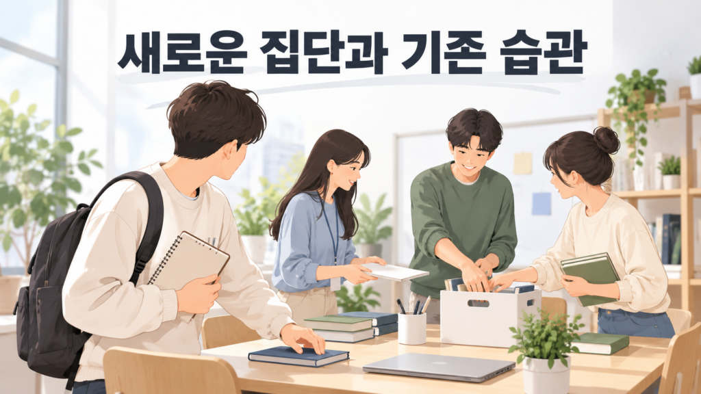 새로운 집단에 들어가면 기존 습관 행동을 의식하게 되는 과정 2 새로운 모임에 참여한 사람이 주변 구성원들의 물건 정리 방식을 살펴보며 평소 익숙했던 자신의 행동을 다시 의식하는 모습을 표현한 일러스트