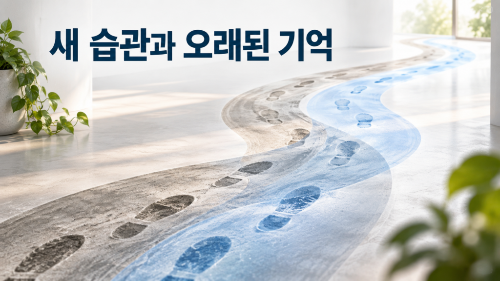 새로운 습관 형성과 오래된 기억의 충돌이 행동 패턴에 미치는 영향 2 오래된 행동의 깊은 흔적과 새롭게 형성되는 행동의 흔적이 한 공간에서 겹쳐지며 새로운 습관과 기존 기억의 관계를 표현한 이미지