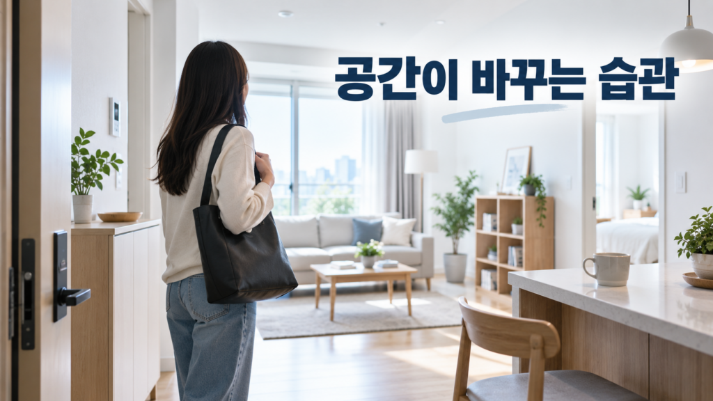 새로운 공간에서 평소 습관 행동이 달라지는 현상의 원리 2 새로운 실내 공간에 들어온 사람이 익숙하지 않은 물건 배치를 살피며 행동을 잠시 조정하는 모습으로 공간 변화와 습관 행동의 관계를 표현한 이미지