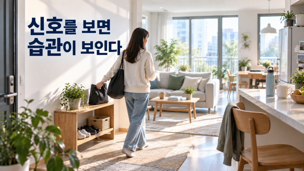 성공적인 습관 형성을 위해 평소 지나치던 행동 신호와 패턴에 주목해야 하는 이유 2 생활 공간 곳곳의 물건과 이동 흐름이 행동 신호로 작용하며 반복 패턴을 보여주는 모습을 표현한 이미지