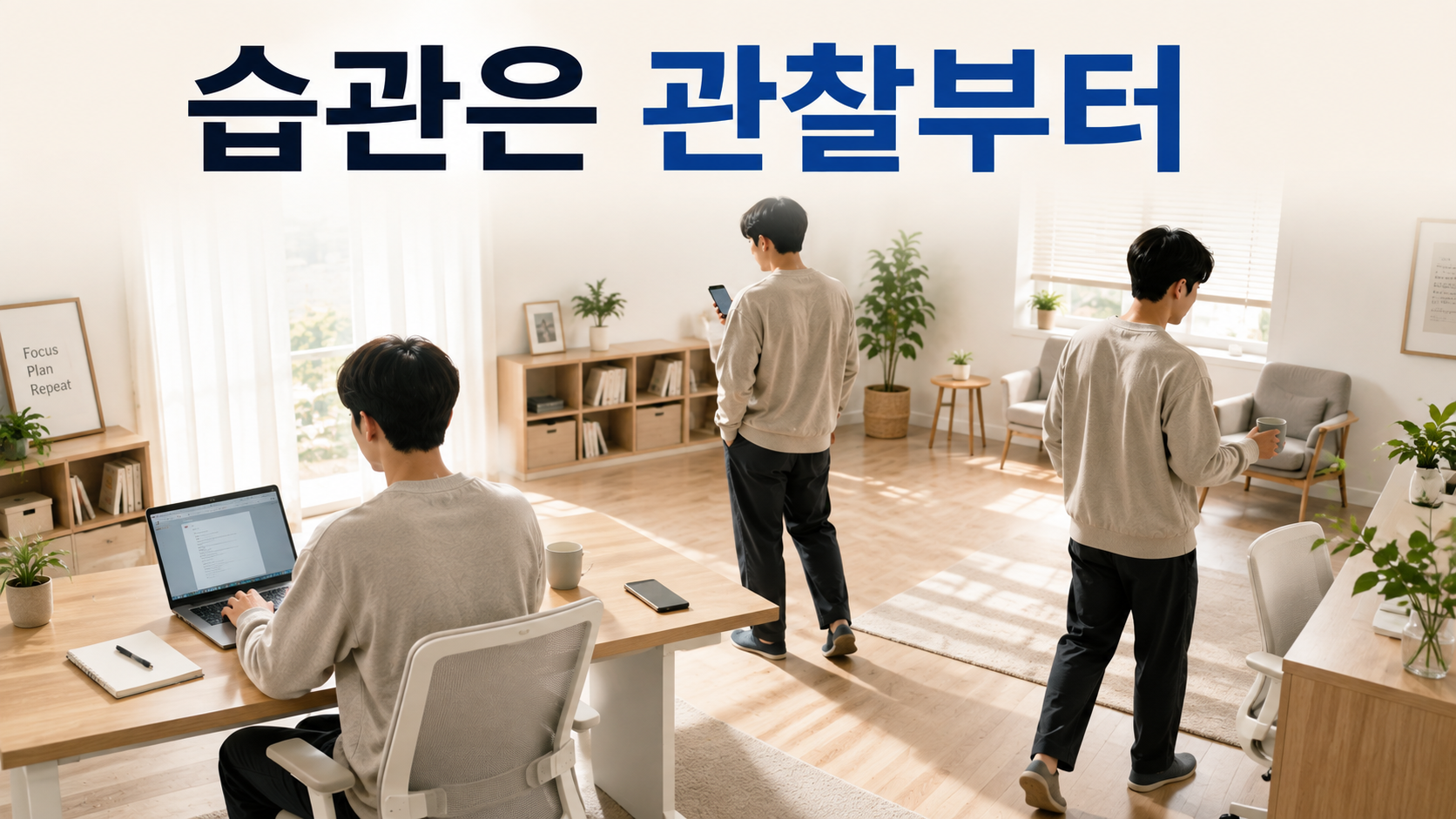 습관 형성을 바꾸기 전에 기존 행동 패턴부터 관찰해야 하는 이유 2 한 사람이 작업과 스마트폰 확인, 자리 이동을 반복하는 모습을 통해 기존 습관의 행동 패턴을 관찰하는 과정을 표현한 이미지