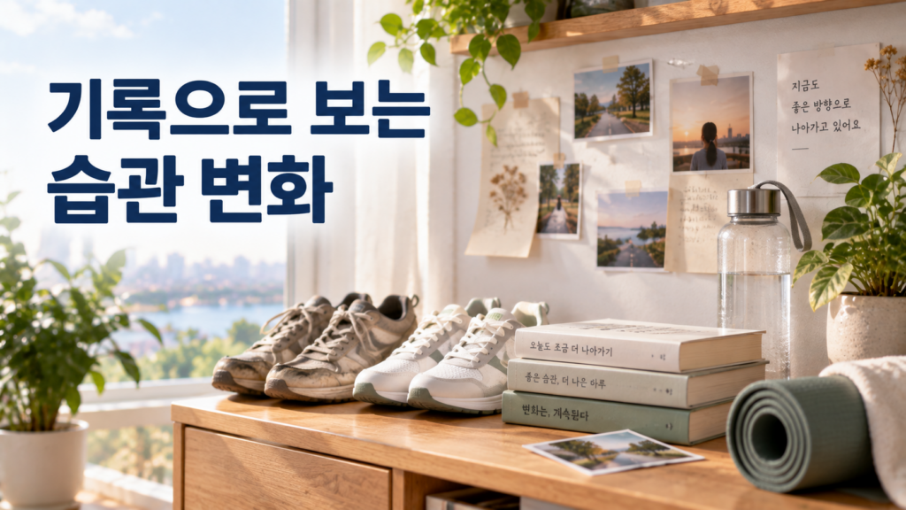 오래된 기록을 통해 살펴보는 습관 형성과 행동 변화의 과정 2 오래된 기록 조각과 반복되는 생활 오브젝트를 함께 배치해 습관 형성과 행동 변화의 흐름을 표현한 밝은 에디토리얼 이미지