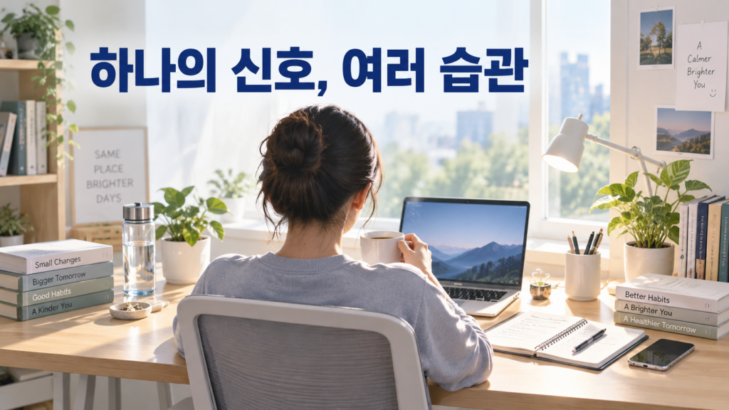 하나의 행동 신호가 여러 습관을 불러올 수 있는 이유 2 한 사람이 책상에 앉는 하나의 시작 신호를 중심으로 노트 펼치기, 물 준비, 노트북 켜기 등 여러 습관 행동이 자연스럽게 이어지는 모습을 표현한 이미지