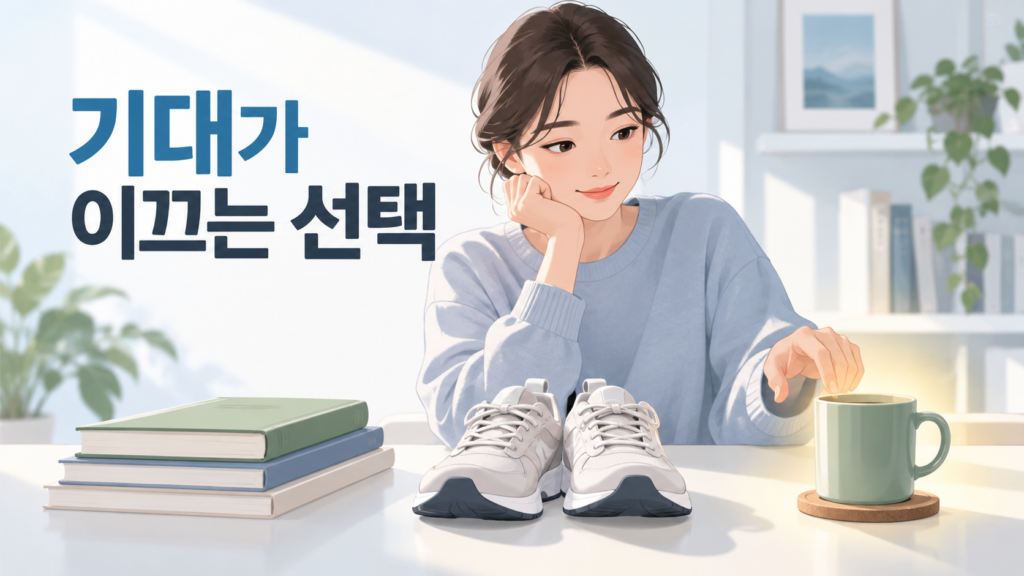 습관 형성에서 행동을 시작하기 전의 기대감이 선택에 미치는 영향 2 행동을 시작하기 전 여러 일상 물건을 바라보며 예상되는 결과에 따라 선택하려는 순간을 표현한 습관 형성 일러스트