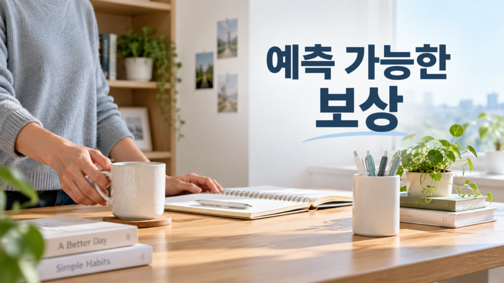 습관 형성에서 보상의 크기보다 예측 가능성이 중요한 경우 2 반복 행동 뒤 비슷한 만족스러운 결과가 이어지는 모습을 생활 공간의 정돈된 장면으로 표현한 이미지