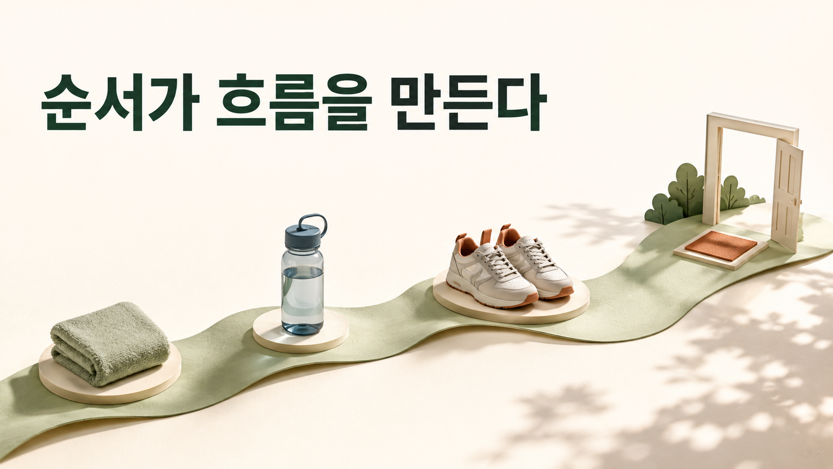 새로운 행동의 순서를 미리 정하면 습관 형성이 안정되는 이유 2 운동 준비에 필요한 여러 생활 오브젝트가 하나의 부드러운 리본형 경로를 따라 순서 있게 연결되는 모습을 표현한 이미지