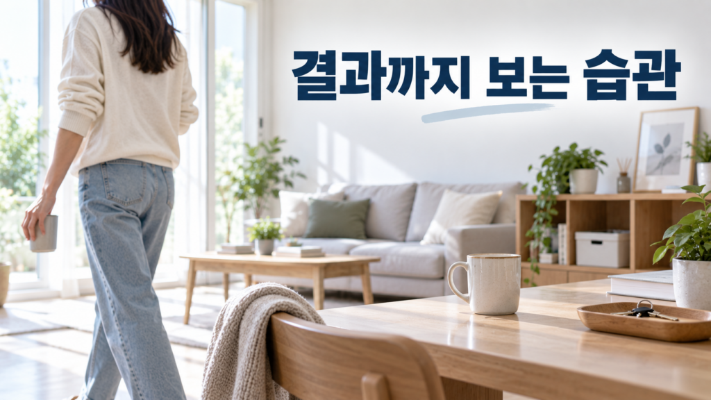습관 형성 과정을 관찰할 때 행동 결과까지 기록해야 하는 이유 2 간단한 생활 행동이 끝난 뒤 정돈된 공간과 자연스러운 이동 흐름을 통해 행동 결과까지 관찰하는 습관 형성 원리를 표현한 이미지