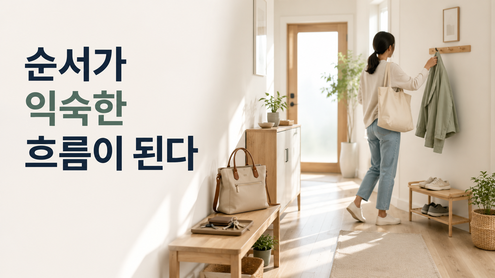 반복 행동의 순서를 기억하는 과정과 습관 형성의 관계 2 외출 준비에 필요한 여러 행동이 자연스러운 순서로 이어지는 생활 공간을 통해 반복 행동의 흐름을 표현한 이미지