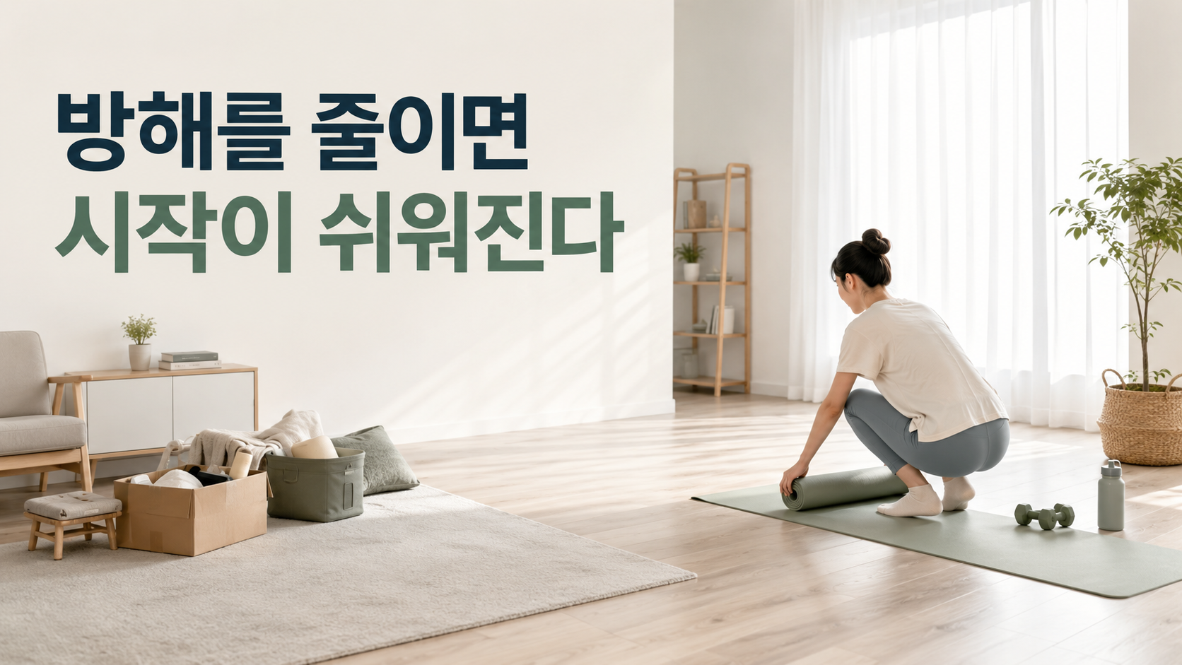 행동을 방해하는 물건을 치우는 것이 습관 형성에 도움이 되는 이유 2 행동을 방해하는 물건이 동선 밖으로 정리되어 목표 행동을 시작하기 쉬워진 생활 공간을 표현한 이미지