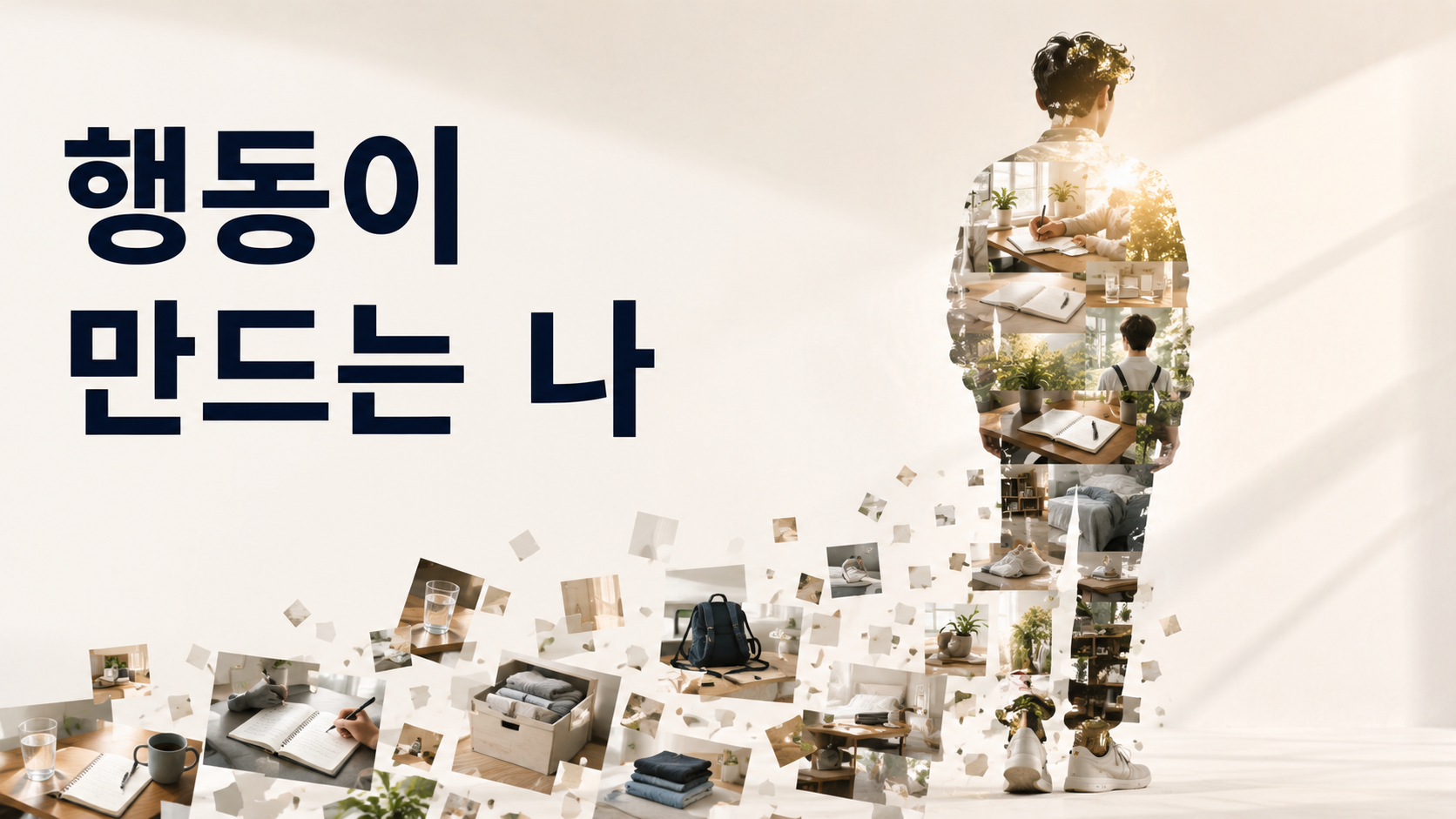 반복 행동이 자신에 대한 인식을 바꾸는 습관 형성의 과정 2 책과 기록, 정리 같은 작은 반복 행동의 흔적이 겹쳐 하나의 사람 모습을 만들어가는 장면으로 행동과 자기 인식의 연결을 표현한 이미지