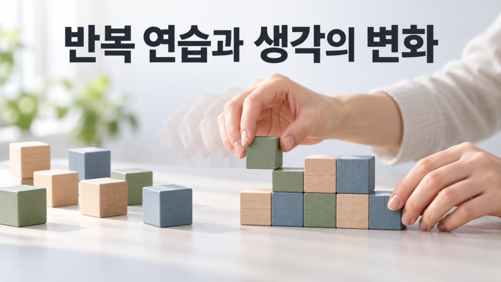 반복 연습이 행동에 필요한 생각의 단계를 줄이는 과정 2 두 손이 나무 블록을 익숙한 순서에 따라 배열하는 모습을 통해 반복 연습으로 행동의 순서가 자연스럽게 연결되는 과정을 표현한 이미지