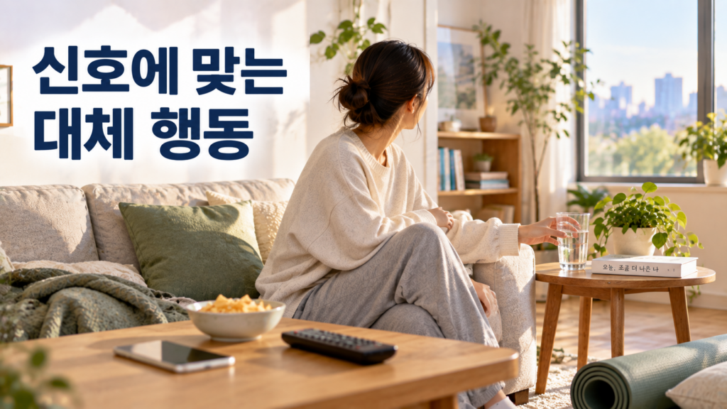 습관 형성에서 대체 행동이 기존 신호와 잘 맞아야 하는 이유 2 기존 습관 신호가 남아 있는 생활 공간에서 바로 실행 가능한 대체 행동이 가까이 배치된 모습을 표현한 이미지