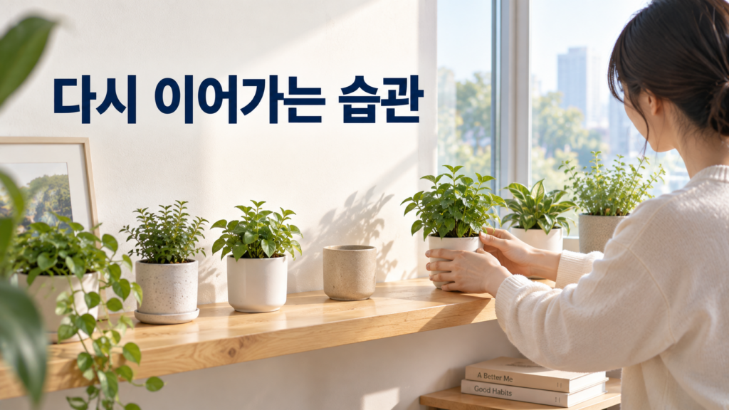 완벽한 연속 기록보다 다시 행동하는 능력이 습관 형성에 중요한 이유 2 중간에 비어 있는 구간이 있어도 다시 화분을 놓으며 흐름을 이어가는 모습으로 습관의 재시작을 표현한 이미지