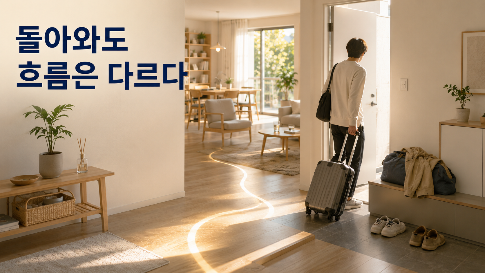여행이나 이동 후 기존 습관을 다시 시작하기 어려운 이유 2 여행에서 집으로 돌아온 뒤 여행가방과 달라진 생활 동선 때문에 기존의 일상 흐름이 잠시 어긋난 모습을 표현한 이미지
