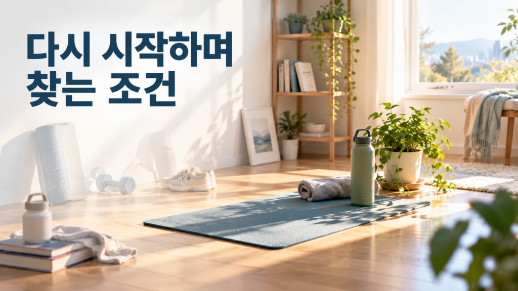 재시작을 반복하면서 자신에게 맞는 습관 조건을 발견하는 과정 2 여러 번 사용한 위치의 은은한 흔적이 남은 생활 공간에서 현재 자신에게 맞는 반복 조건이 점차 선명해지는 모습을 표현한 습관 형성 이미지