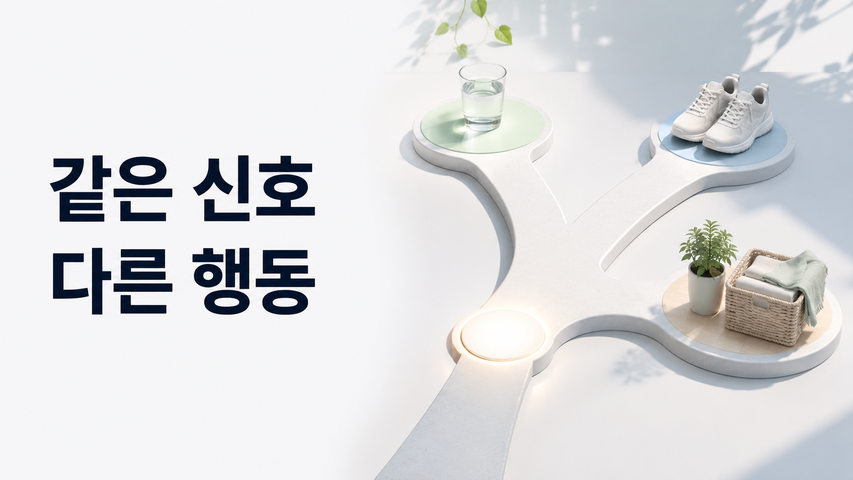 같은 행동 신호 뒤에 다른 행동을 연결하면 습관 형성은 어떻게 달라질까 2 하나의 출발점에서 물컵, 운동화, 화분을 향한 여러 경로가 갈라지는 모습으로 같은 행동 신호 뒤에 서로 다른 행동이 연결되는 구조를 표현한 이미지
