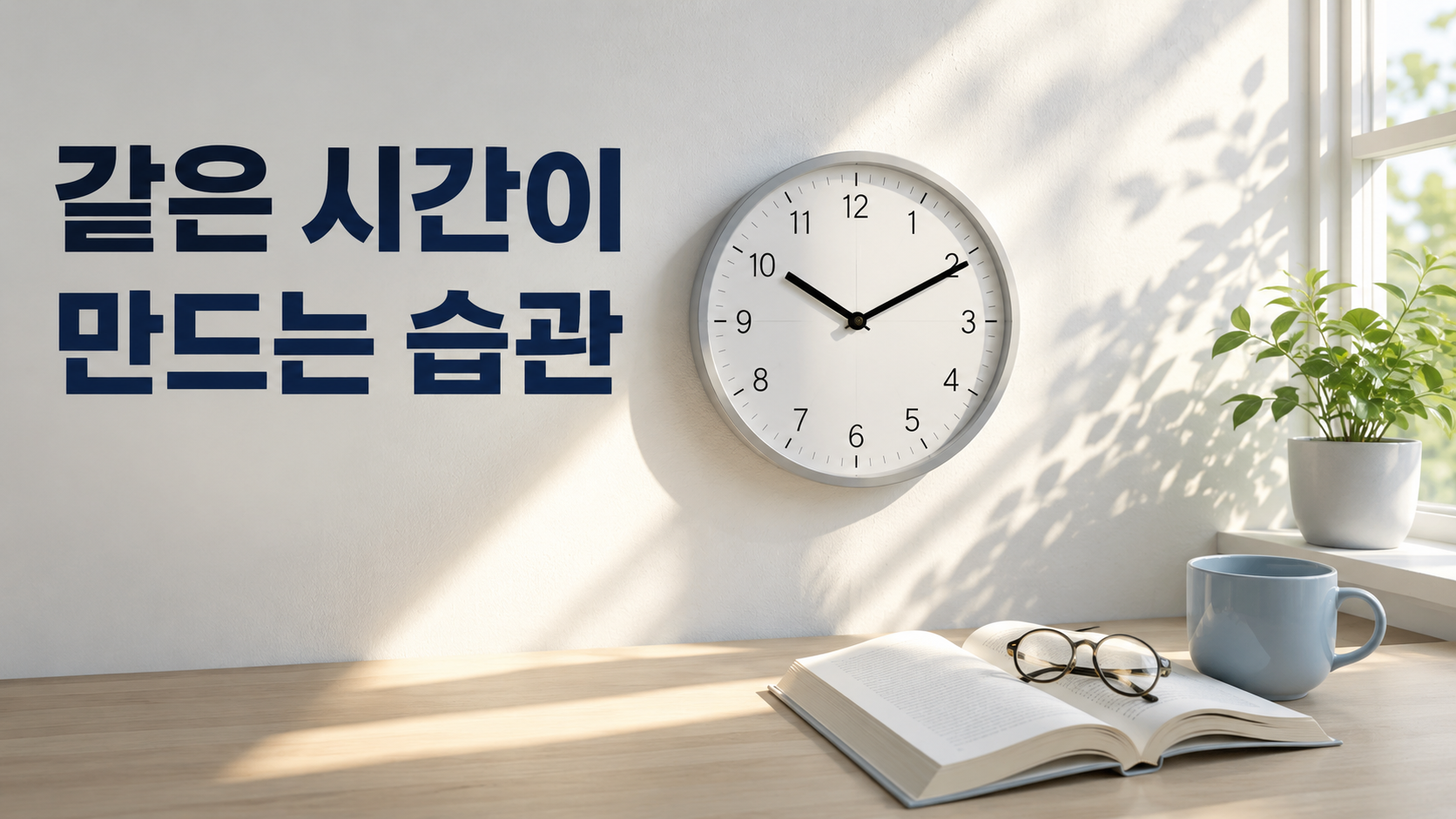 매일 같은 시간의 행동이 습관 형성에 영향을 주는 이유 2 일정한 시간대를 나타내는 시계와 준비된 생활 오브젝트가 빛의 흐름으로 자연스럽게 연결되어 같은 시간의 반복과 습관 형성의 관계를 보여주는 이미지