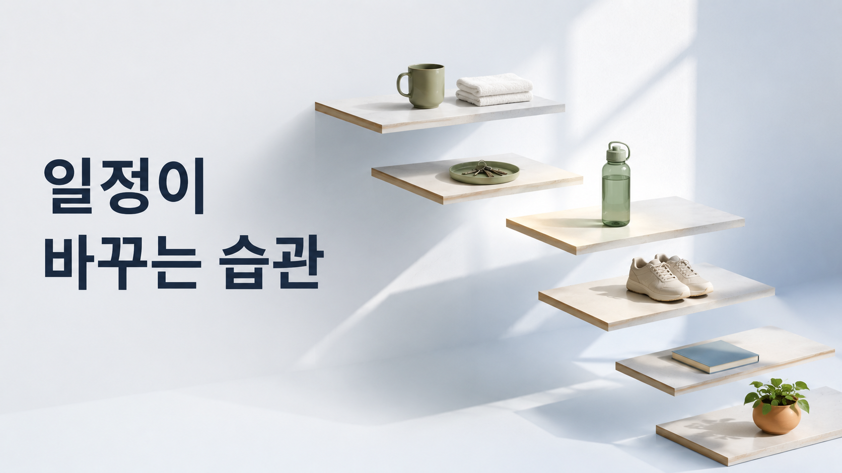 습관 형성 중 일정 변화가 생기면 행동 패턴은 어떻게 달라질까 2 여러 생활 오브젝트가 놓인 선반 가운데 하나의 위치가 달라지고 주변 배열도 새로운 흐름으로 이어지는 모습으로 일정 변화와 습관 행동의 변화를 표현한 이미지