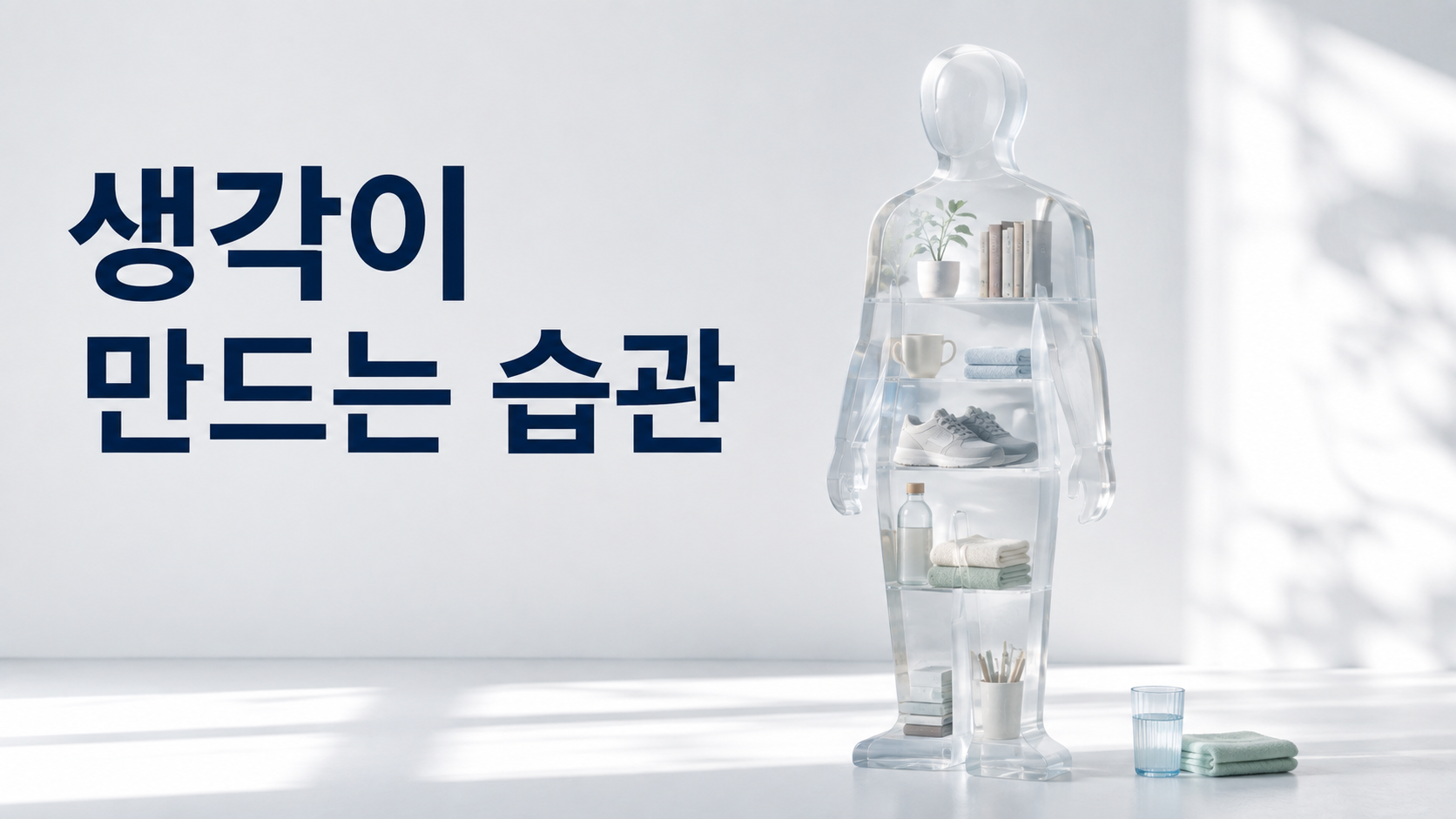 나는 이런 사람이라는 생각이 습관 형성에 영향을 주는 이유 2 반투명한 사람 형태 안에 반복되는 일상 행동을 상징하는 물건들이 자연스럽게 자리한 모습으로 자기 인식과 습관의 관계를 표현한 이미지